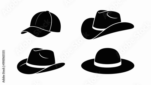 a simple illustration depicting four different styles of hats in a monochromatic black and white design showcasing variety in headwear high quality professional detailed modern elegant