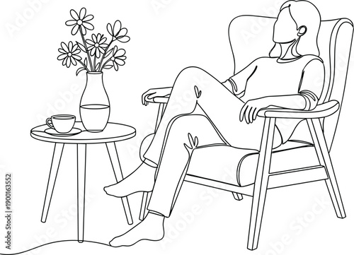 Relaxing Woman Sitting in Armchair Line Art Illustration with Coffee Table Flowers and Cozy Home Interior