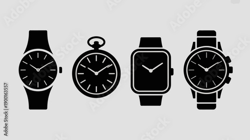 a collection of four distinct timekeeping devices is displayed featuring a wrist watch pocket watch smart watch and chronograph in black silhouette high quality professional detailed