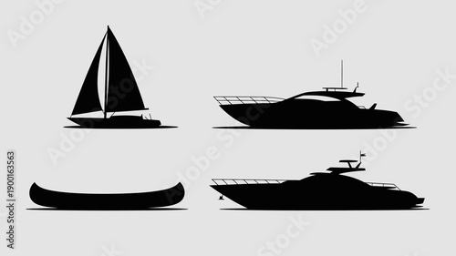 a minimalist depiction showcasing silhouettes of a sailboat a motor yacht a canoe and a smaller speed boat on a neutral gray background high quality professional