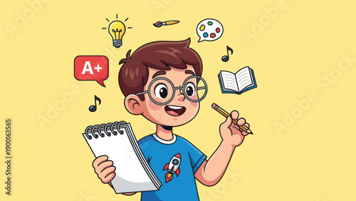 Young student drawing with creative ideas and educational elements concept