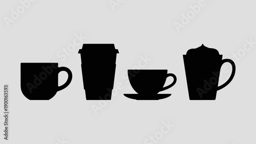 A simple visual depiction displays four silhouetted beverage containers including a cup travel mug saucered tea cup and a traditional coffee pot high quality professional detailed