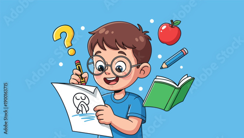 Young student drawing with pencil and paper surrounded by learning objects