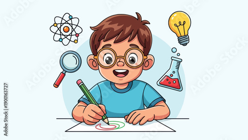 Young student drawing with pencil surrounded by science elements illustration
