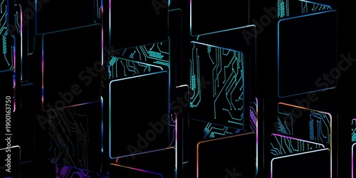 Futuristic abstract 3D render of 3D blocks with glowing RGB edges and a luminous circuit board pattern, AI and data transfer concept