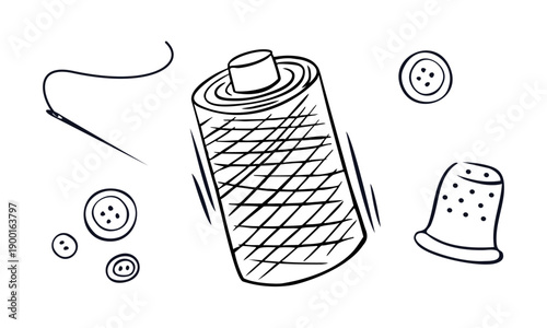 Hand drawn vector illustration of sewing tools including a thread spool, needle, buttons, and thimble. Black and white line art doodle of tailoring equipment isolated on white background