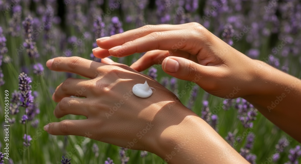 Fototapeta premium Woman applying white cream to her hand in a field of lavender flowers on a sunny day for skin care and relaxation