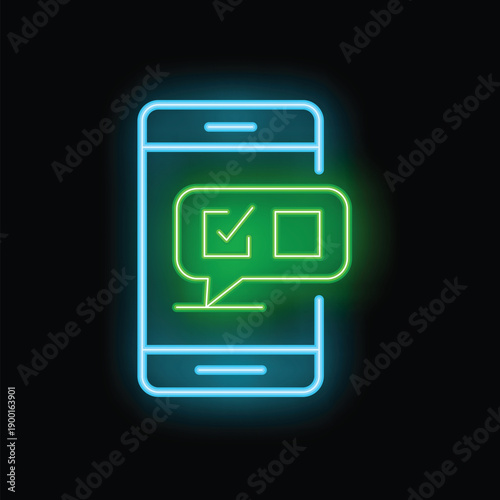 Neon sign of a smartphone showing a completed online survey for voting or customer feedback