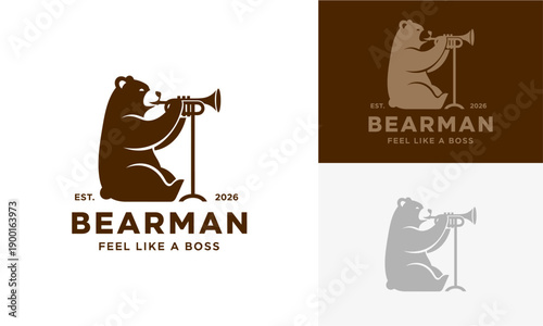A collection of bear logo illustrations playing a trumpet in various styles and colors, symbolizing confidence and leadership.