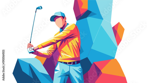 Abstract golf player swinging club against geometric background