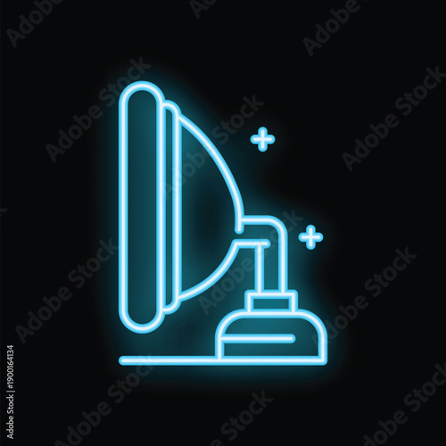 Turquoise neon icon of a satellite dish receiving signals, glowing brightly against a dark background