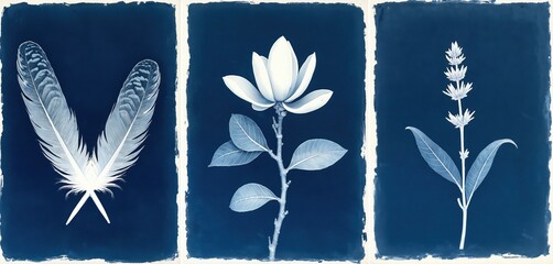 Three distinct panels showcase cyanotype prints of nature elements. Center panel white magnolia flower on branch with leaves. Left panel two white bird feathers. Right panel spikey plant with leaves.