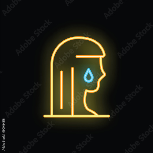 Woman crying with single tear neon sign on black background