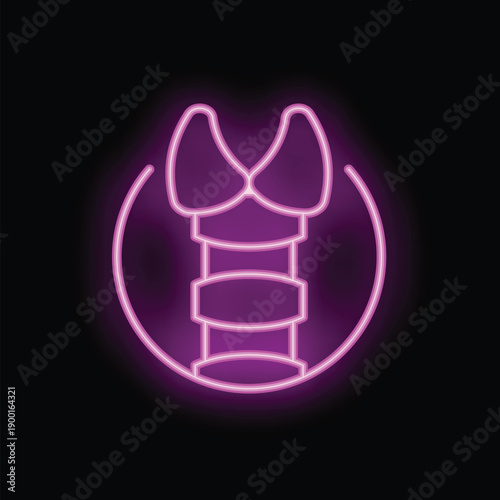 Glowing neon thyroid gland surrounded by circle on black background representing human endocrine system