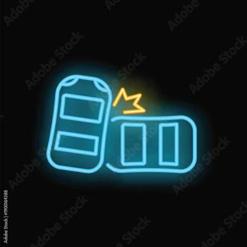 Neon icon of two batteries colliding with a bright spark, symbolizing a short circuit