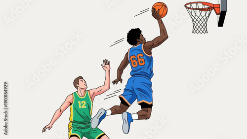 Basketball player dribbling and shooting the ball illustrated on white