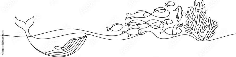 Obraz premium continuous ocean sea life art.one line victor illustration in white Background