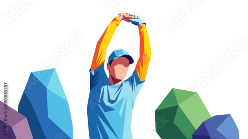 Athlete stretching arms reaching upward against white background vector art