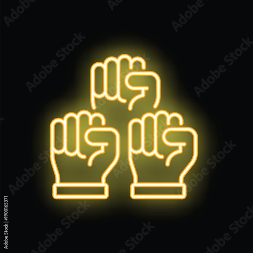 Photos Glowing neon icon of three fists raised up in the air, a symbol of solidarity, s