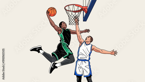 Basketball action player dribbling and jumping for a dunk illustration