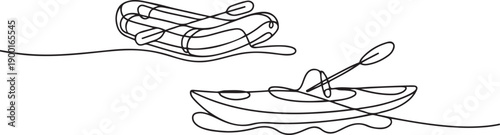 Continuous one line drawing of Rafting, sea kayaking icons set.one line victor illustration in white Background