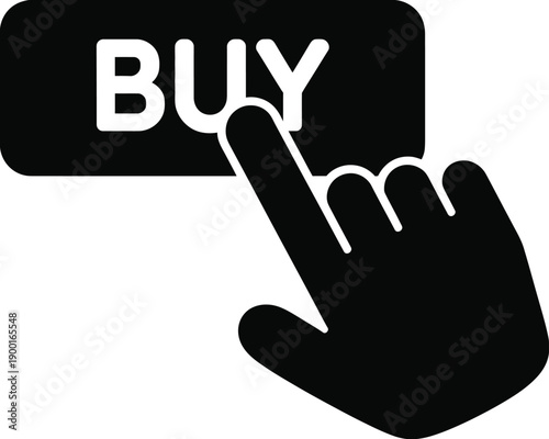 A minimalist black and white icon design depicting a hand cursor clicking a 'BUY' button, symbolizing online shopping, e-commerce transactions, and digital purchases