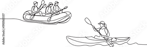 Continuous one line drawing of Rafting, sea kayaking icons set.one line victor illustration in white Background