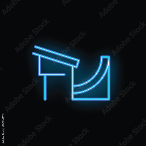 Blue neon sign representing a skate park ramp with a grind box, glowing on a black background