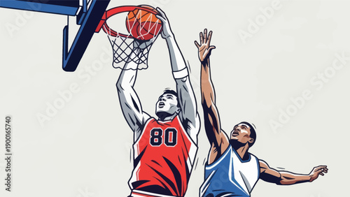 Basketball action player dunking ball into hoop with challenging defender