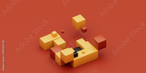 Photography 3D Illustration of Minimalist Voxel Art featuring Yellow and Terracotta Geometri