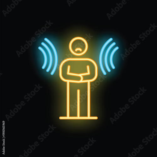 Neon icon of a sad man with his arms crossed feeling anxious and depressed