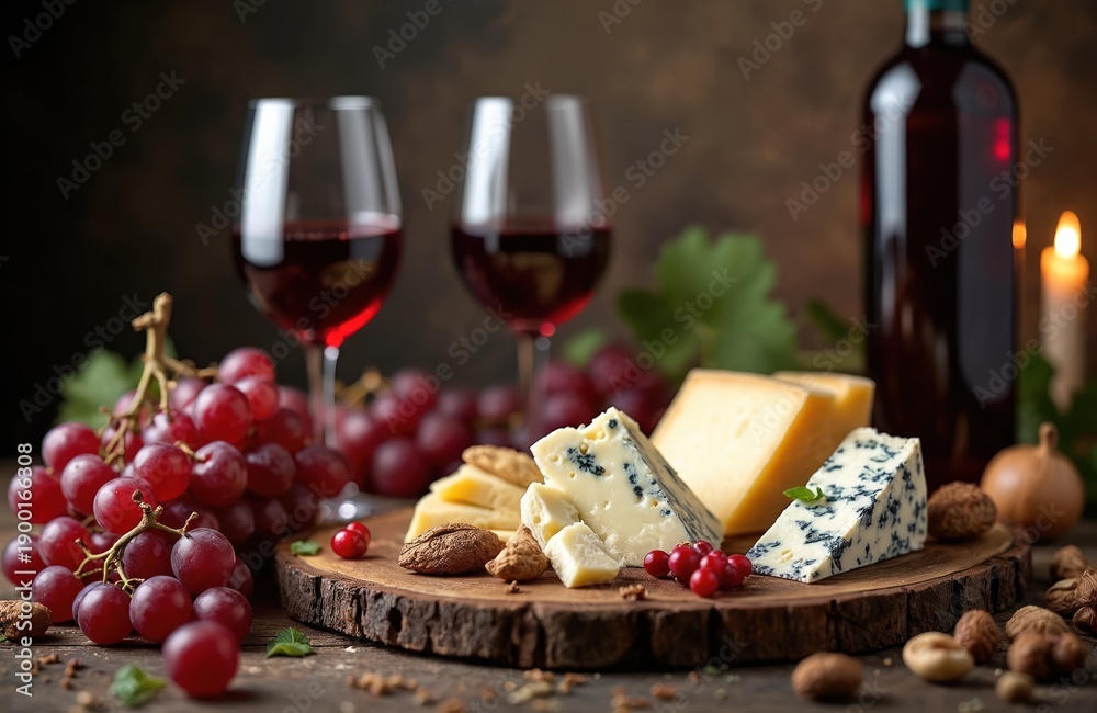 Naklejka premium Red wine, assorted cheeses, and fresh grapes on wooden board. Two glasses with wine, bottle, candle light in background. Appetizer spread for gourmet meal or celebration.