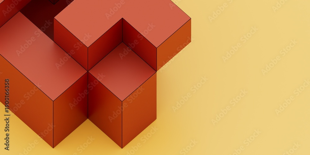 Fototapeta premium 3D Render of Abstract Isometric Terracotta Puzzle Blocks with Fine Black Outlines over Yellow Background