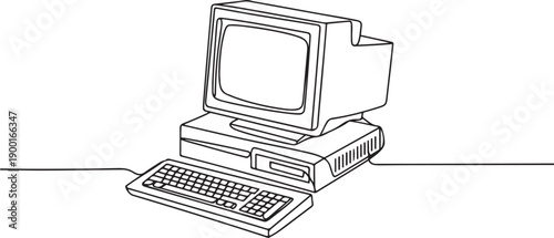 Single continuous line drawing of retro old classic personal computer processor unit. Vintage cpu with analog monitor and keyboard item concept.one line Art icon drawing