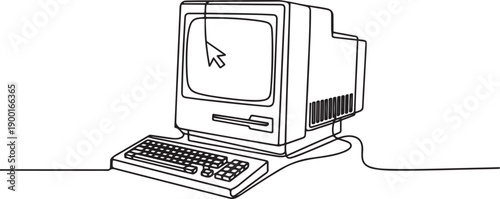 Single continuous line drawing of retro old classic personal computer processor unit. Vintage cpu with analog monitor and keyboard item concept.one line Art icon drawing