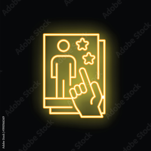 Neon icon of a hand choosing the perfect candidate for the job from a pile of resumes
