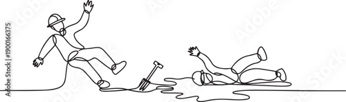 slip and fall accident a construction worker and a person slipping on a wet or icy floor continuous.one line Art icon drawing