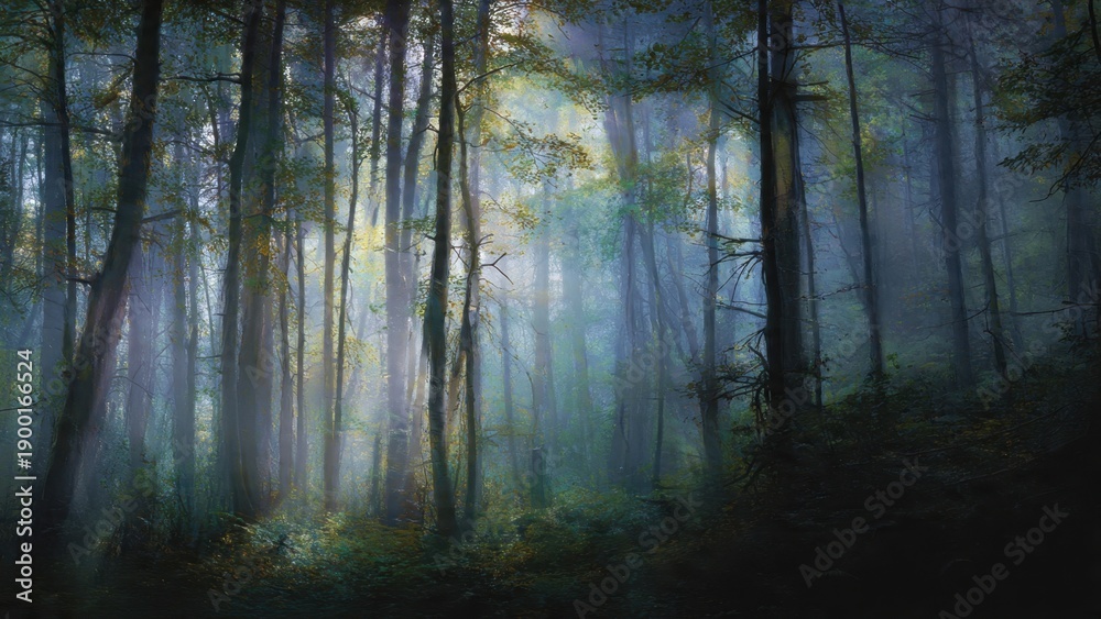 Obraz premium Misty forest at sunrise