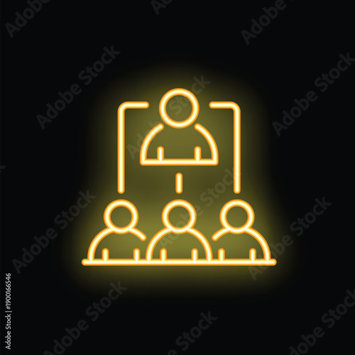 Yellow neon icon representing business management with a ceo managing three employees
