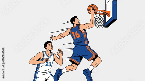 Basketball player jumping to score with another defender on a white background