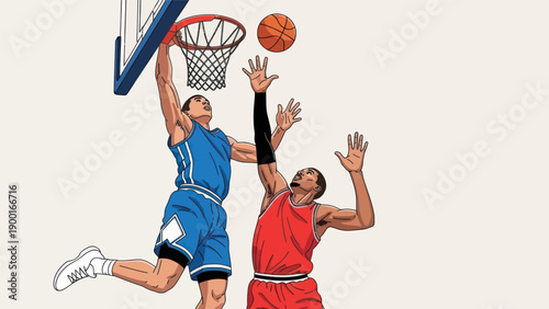 Basketball action two players compete for a score against a white background