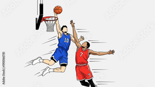 Basketball action two players competing for the ball overhead