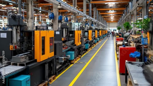 This footage showcases a clean and modern manufacturing facility with rows of automated injection molding machines organized along a marked walkway.