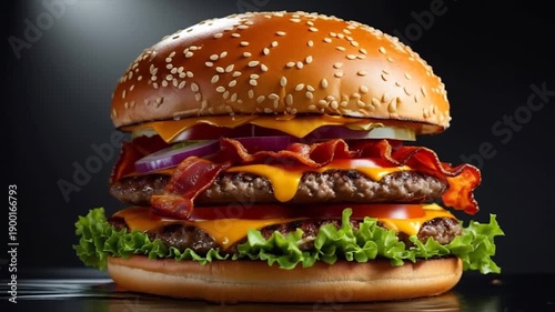Big hamburger on table on black background.