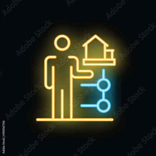 Neon icon of a real estate agent presenting a smart home automation system, emphasizing innovation in the housing market