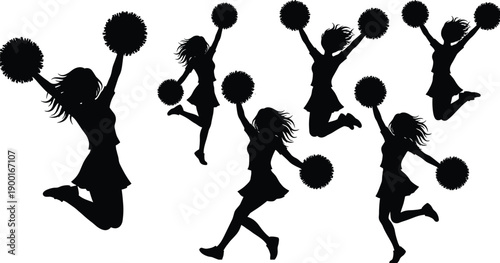 Cheerleader silhouettes set, pom pom jumping poses, female cheer squad, energetic dance motion, sports spirit celebration, dynamic performance icons, vector