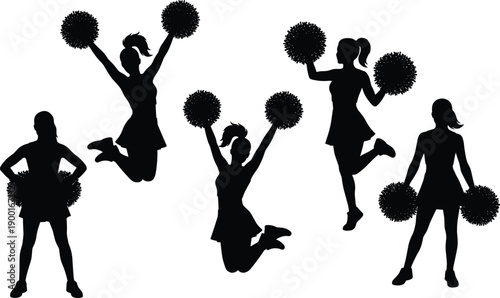Cheerleader silhouettes, pom pom dance poses, female cheer team, jumping motion, school sports spirit, performance routine, black figure icons set