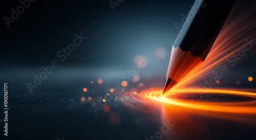 Pencil is drawing a circle on a black surface. The circle is surrounded by a bright orange glow
