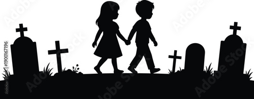 Children in graveyard, silhouette vector, Halloween scene, spooky illustration, emotional contrast, dark theme, horror concept, eerie art, somber mood, fantasy design