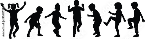 Children silhouettes dancing and jumping together, playful kids activity concept, happy childhood energy, fun movement poses, black vector illustration